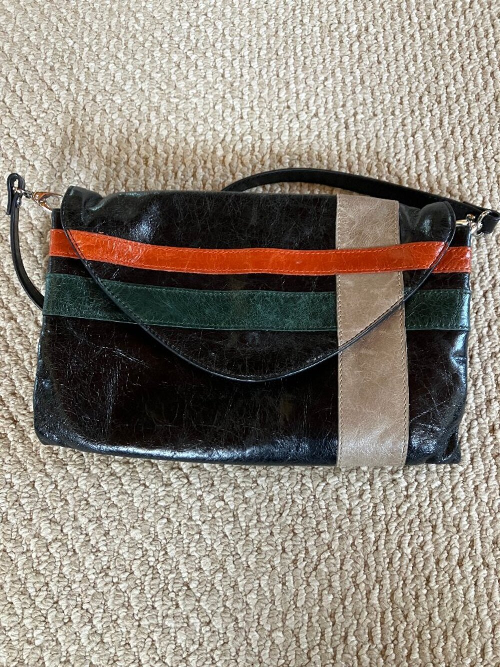 NWOT Lodis Black Leather Shoulder Bag Striped Color Block Mod Basics Classic